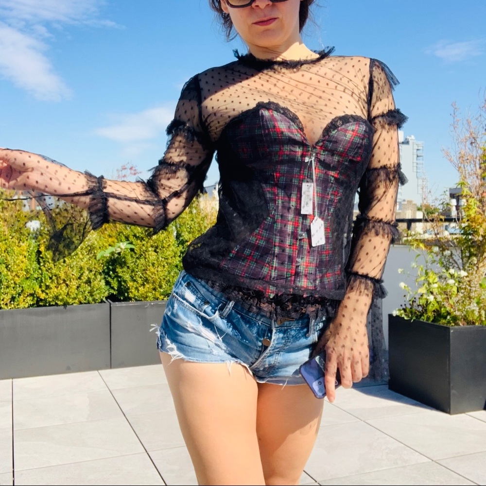 Adore Me Plaid Corset Shaper Top Ruffled Sand Watch Bottom